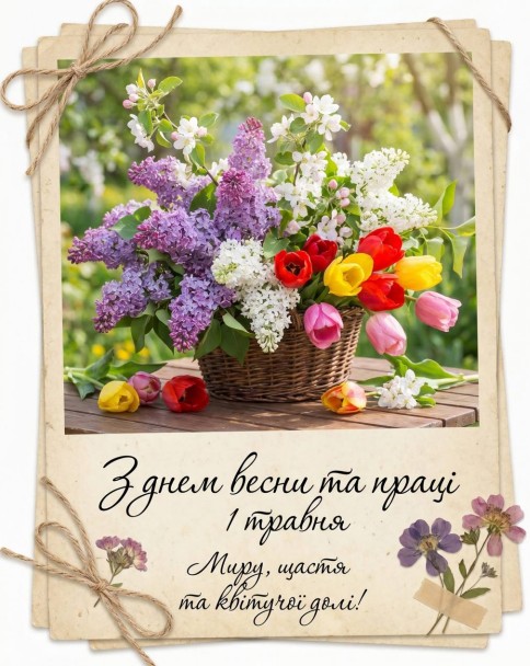 Вітальна листівка до 1 травня з кошиком бузку, тюльпанів та весняними квітами на дерев