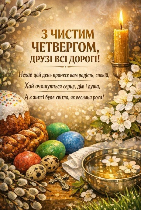 Листівка з Чистим четвергом: вітання, паска та весняні квіти