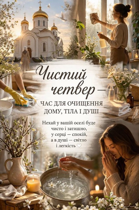 Листівка з Чистим четвергом із зображенням храму, весняних квітів, прибирання вдома та молитви жінки