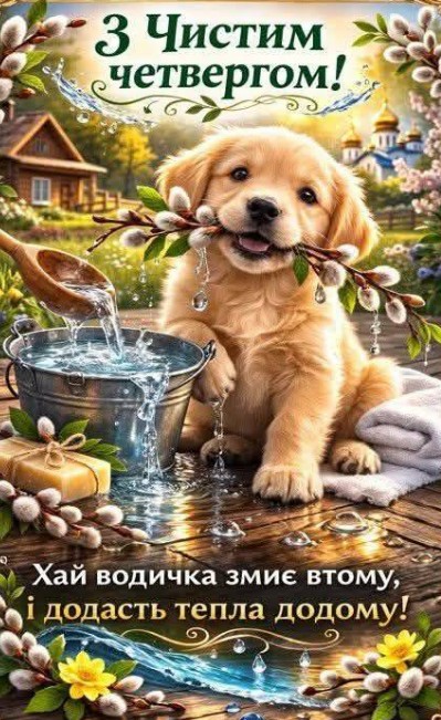 Вітальна листівка з Чистим четвергом: миле цуценя та верба