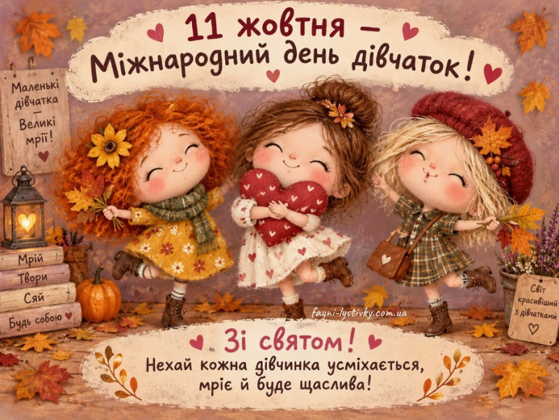 Три милі дівчинки-лялечки з осіннім декором, гарбузом та серцем, вітальна листівка до Міжнародного дня дівчаток