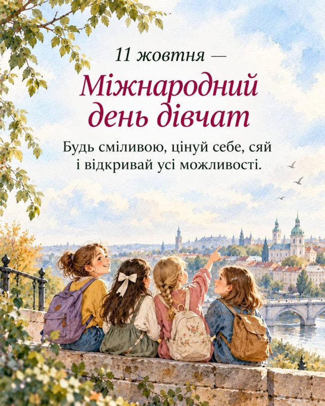 Листівка на Міжнародний день дівчат з ілюстрацією чотирьох дівчаток, які дивляться на місто, та написом українською мовою.
