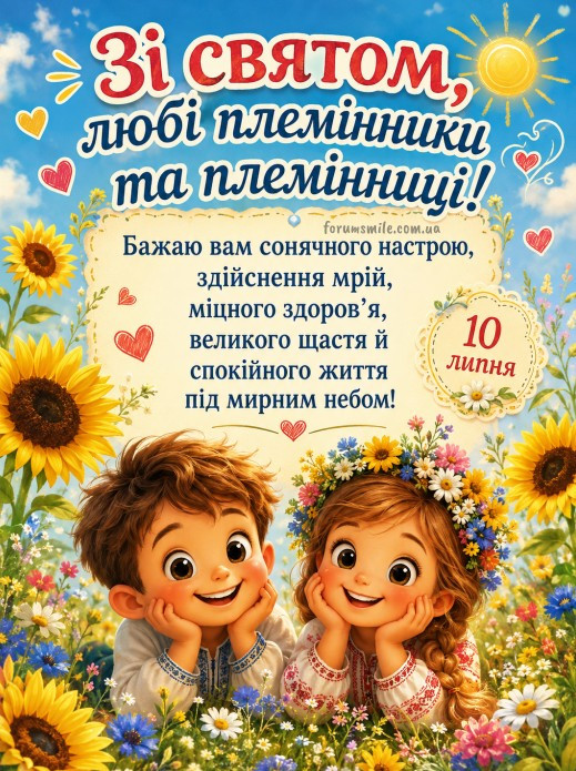 Листівка на День племінників з малюнком хлопчика та дівчинки у вишиванках серед соняшників та написом Зі святом