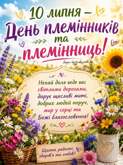 Вітальна листівка на День племінників та племінниць з яскравим букетом польових квітів та соняшниками
