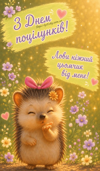 Милий мультяшний їжачок з рожевим бантиком надсилає повітряний поцілунок на фоні квіткового галявини з написом З Днем поцілунків