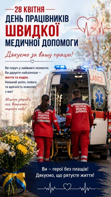 Листівка з Днем працівників швидкої медичної допомоги, на фото лікарі біля машини швидкої та букет квітів.