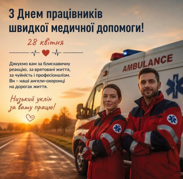 Вітальна листівка з Днем працівників швидкої медичної допомоги з лікарями на фоні реанімобіля на заході сонця