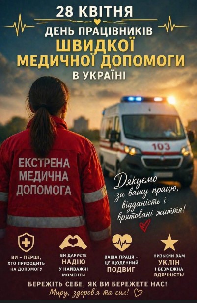 Листівка до Дня працівників швидкої медичної допомоги з фото медика та автомобіля швидкої допомоги