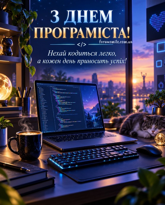 Листівка на День програміста з ноутбуком, чашкою кави
