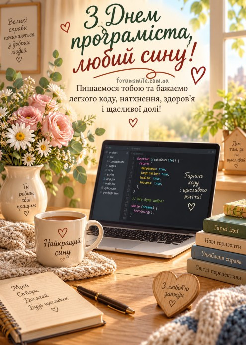 Листівка на День програміста для сина з ноутбуком, квітами та мотивуючим кодом на екрані