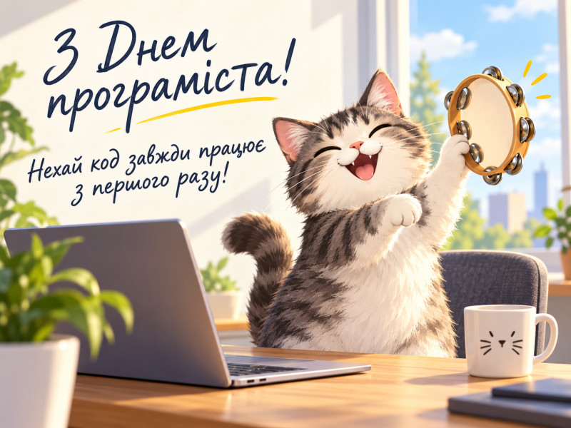 Листівка з Днем програміста: милий котик з бубном