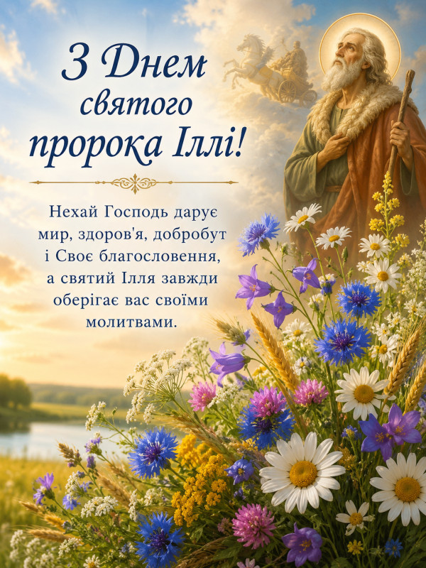 Вітальна листівка на День пророка Іллі з зображенням святого, колісниці в небі, польових квітів та вітальним написом.