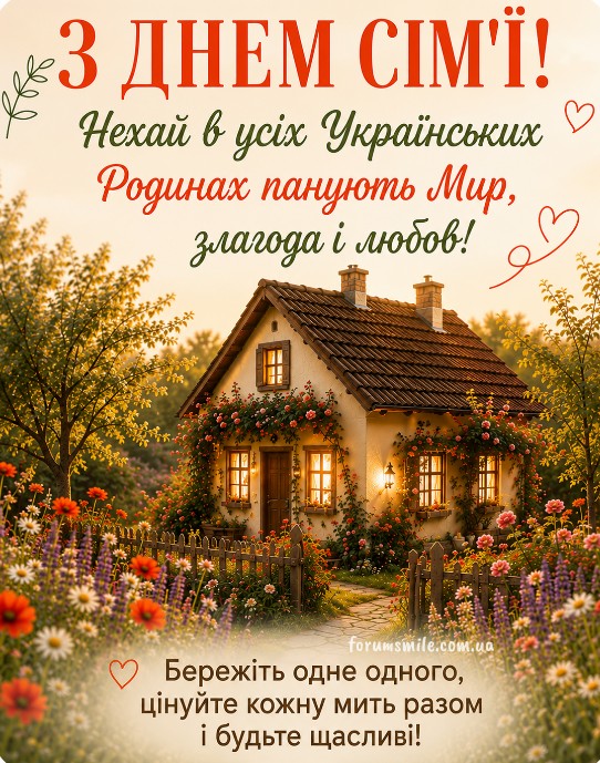 Листівка на День сім'ї: гарний будиночок у квітах