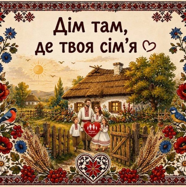 Листівка Дім там, де твоя сім'я з українськими мотивами