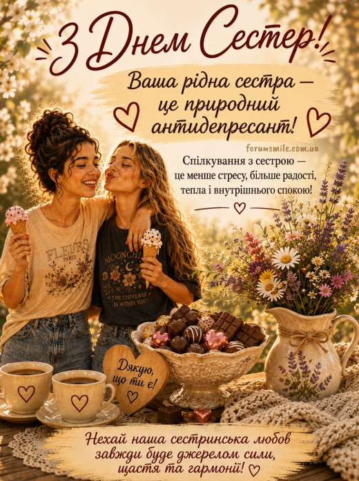 Дві сестри з морозивом та кавою на пікніку, листівка з написом З Днем сестер та теплими побажаннями