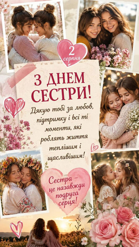 Листівка З Днем сестри: зворушливе привітання для сестри