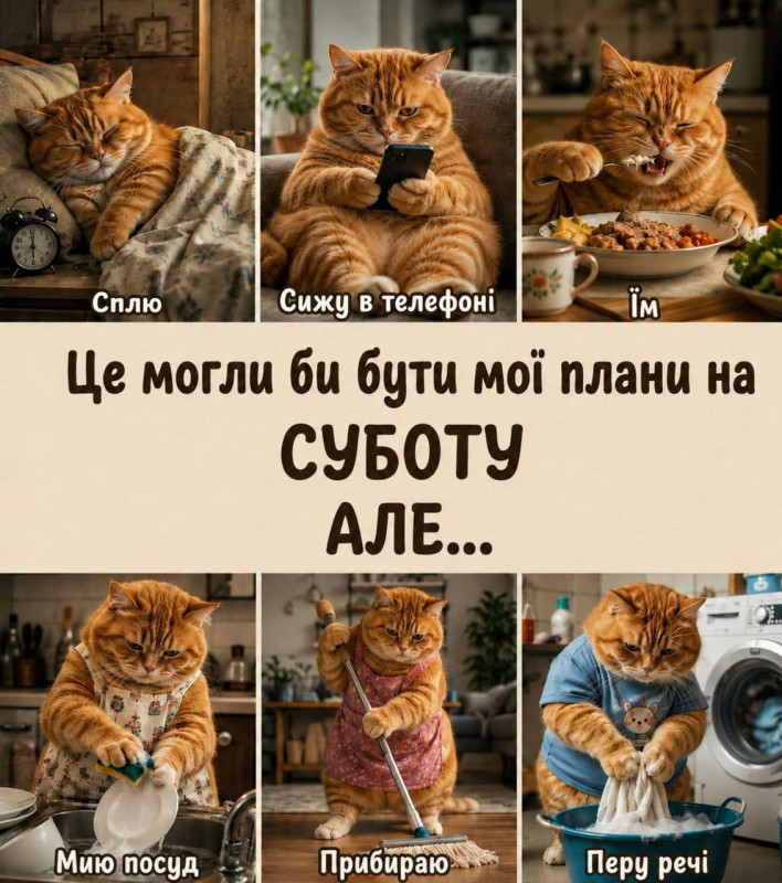 Листівка з котиком Планы на суботу — кумедна листівка