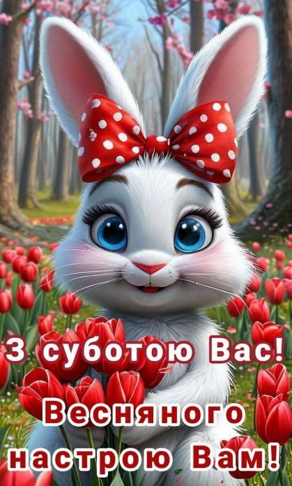 Листівка З суботою! Милий кролик з тюльпанами