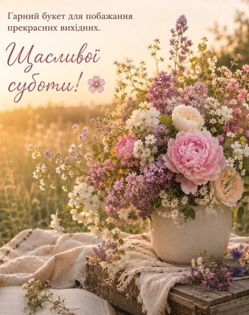 Листівка Щасливої суботи з ніжним букетом квітів