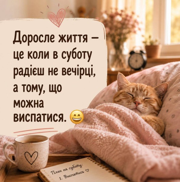 Листівка про доросле життя та сон з котиком