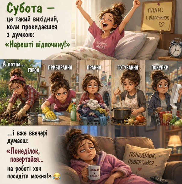 Ілюстрована листівка про втомлену дівчину, яка займається хатніми справами у суботу, з написом про очікування вихідних.