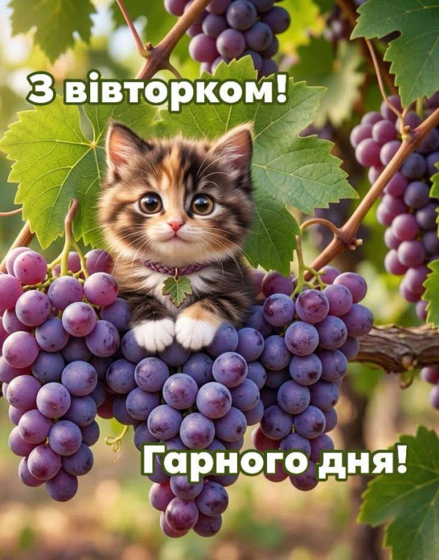 Листівка З вівторком! Гарного дня з котиком та виноградом