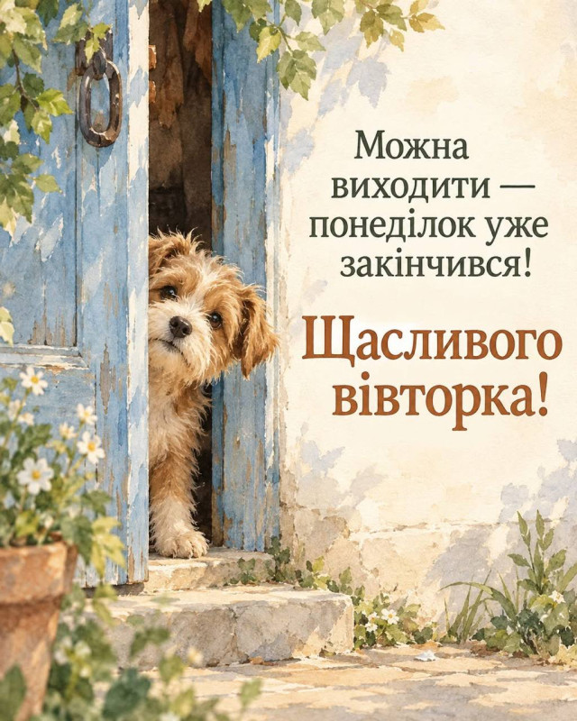 Листівка Щасливого вівторка з милим песиком | Вітальні листівки