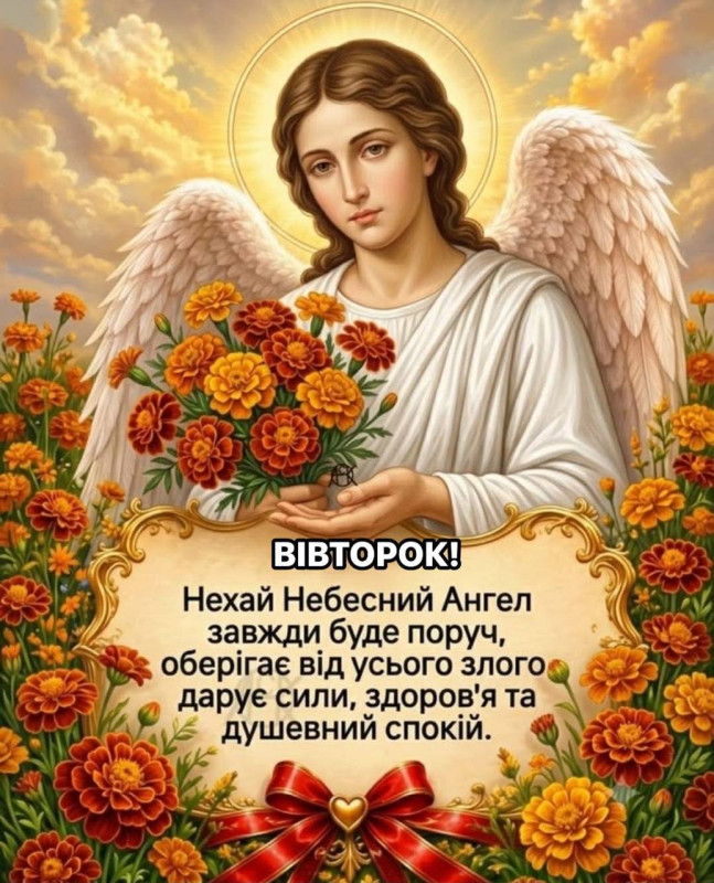 Листівка з вівторком: Ангел-охоронець та чорнобривці