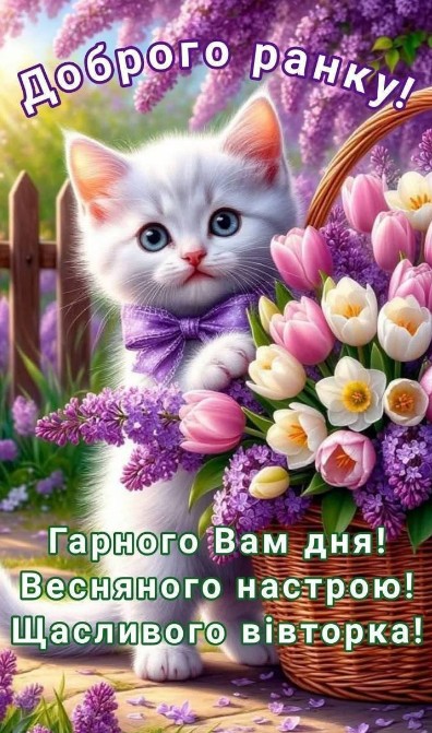Листівка Доброго ранку з котиком, тюльпанами та бузком