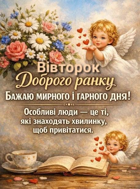 Листівка Доброго ранку: Вівторок, ангели та квіти