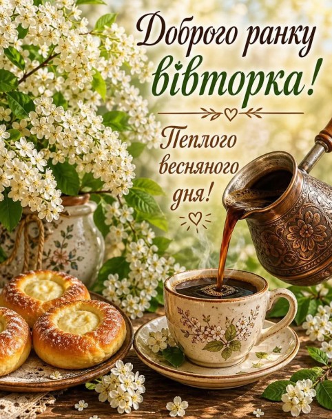 Листівка Доброго ранку вівторка: кава та весняні квіти