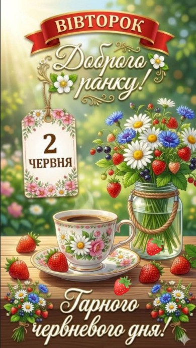 Листівка Доброго ранку 2 червня: квіти та полуниця