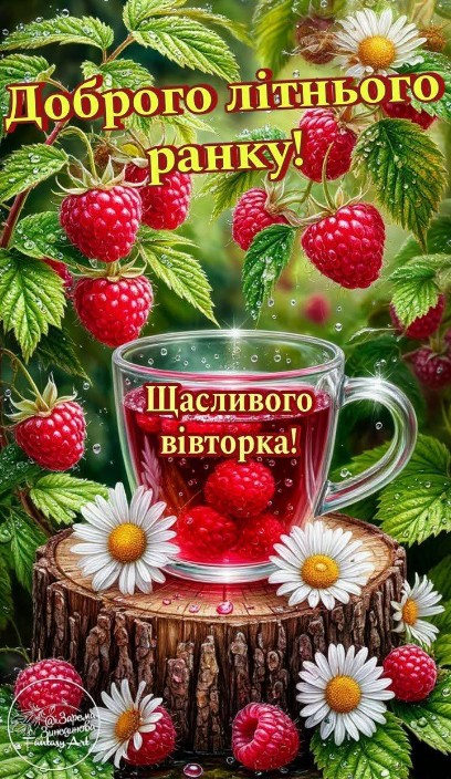 Скляна чашка з малиновим напоєм на пеньку серед ягід малини та квітів ромашки