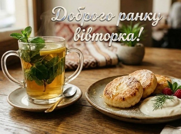 Листівка Доброго ранку вівторка — привітання з чаєм та сирниками