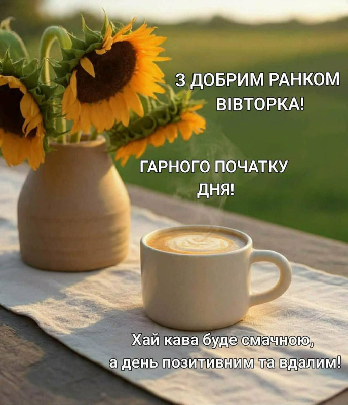 Листівка Доброго ранку у вівторок з кавою та соняшниками