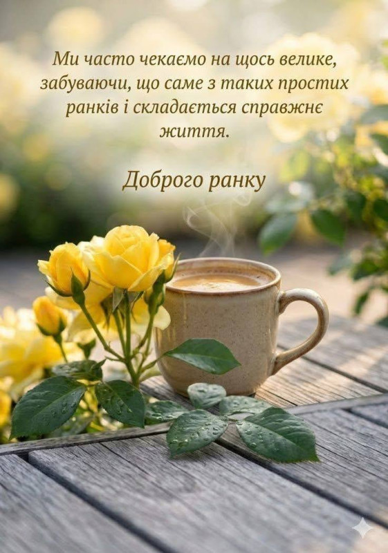 Чашка гарячої кави та букет жовтих троянд на дерев