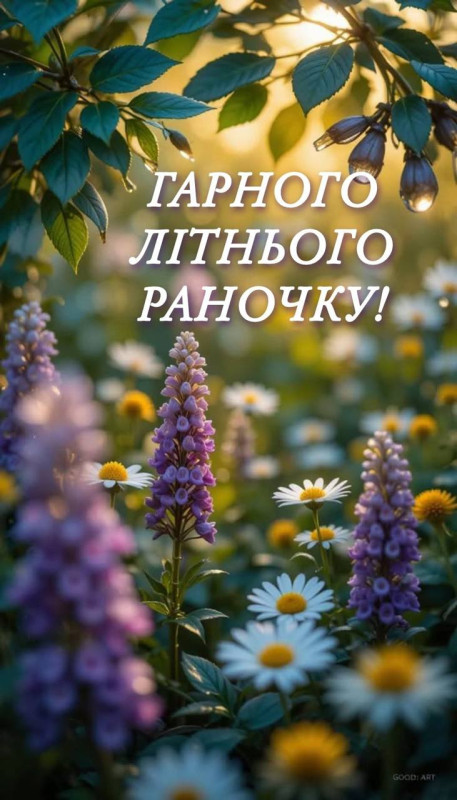 Красива листівка з написом Гарного літнього раночку на фоні польових квітів та ромашок у сонячних променях