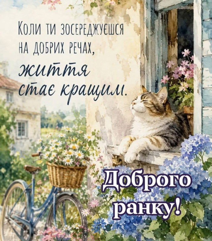 Листівка Доброго ранку з котиком, квітами та велосипедом