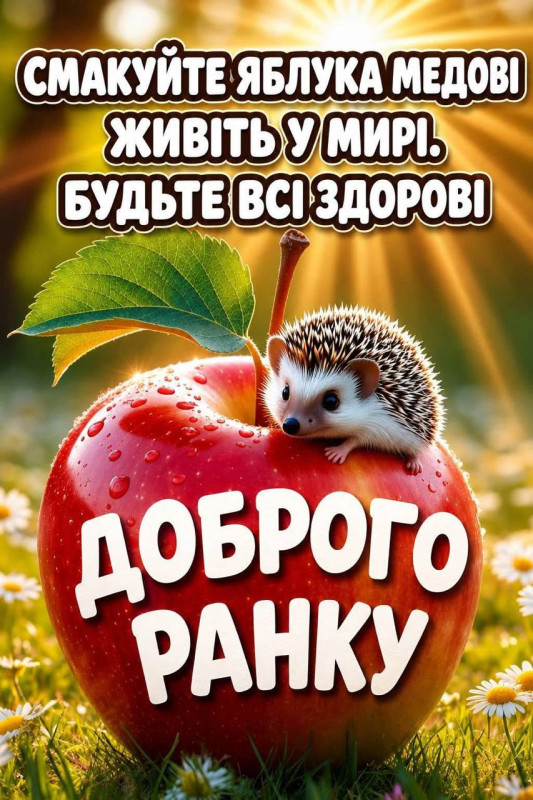 Листівка Доброго ранку: Яблуко з їжачком — привітання