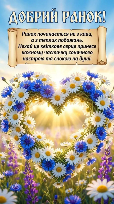 Вітальна листівка Добрий ранок із квітковим серцем, сплетеним із білих ромашок та синіх волошок на фоні сонячного неба.