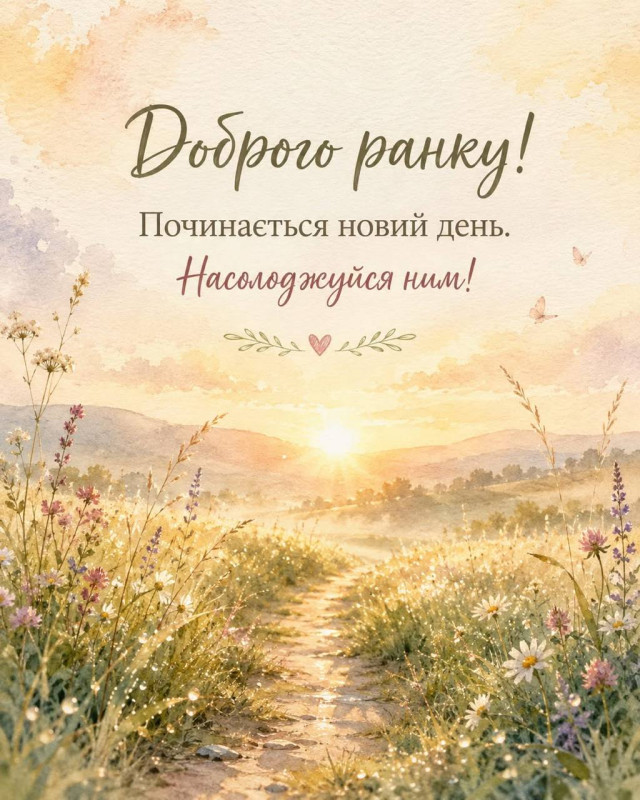 Листівка Доброго ранку: ніжний ранковий пейзаж з квітами