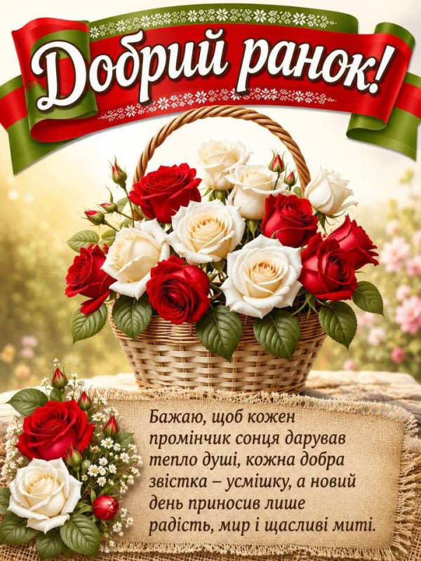 Плетений кошик з червоними та білими трояндами на фоні з написом Добрий ранок та теплими побажаннями