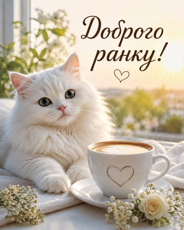Листівка Доброго ранку з білим котиком та кавою