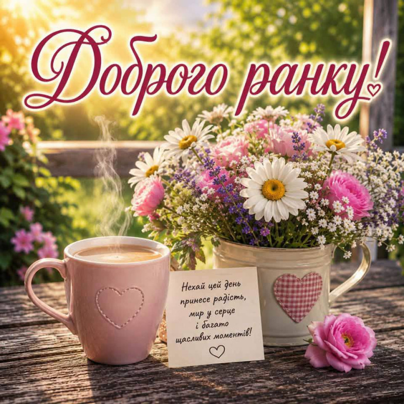 Листівка Доброго ранку з квітами та кавою 