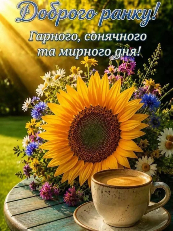 Листівка Доброго ранку: соняшник та кава для гарного дня
