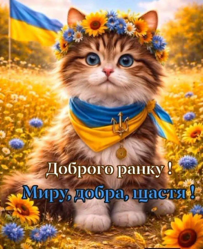Патріотична листівка Доброго ранку з котиком та квітами
