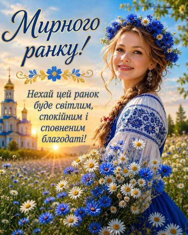 Листівка Мирного ранку: дівчина у вишиванці та квітах