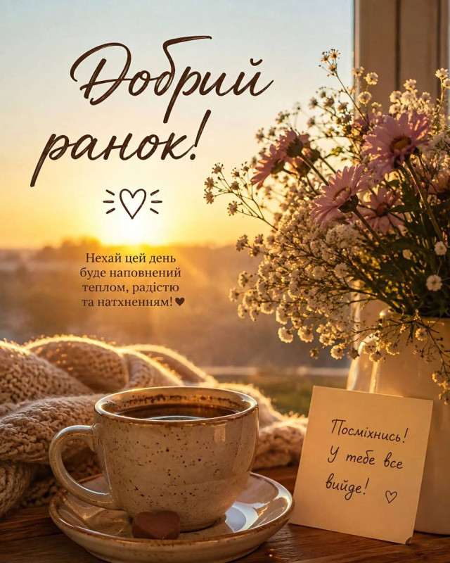 Листівка Добрий ранок з кавою та квітами — гарне побажання
