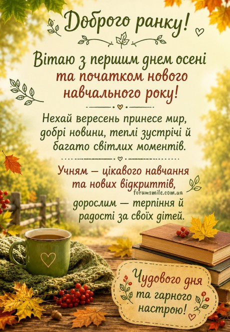 Осіння листівка доброго ранку, з 1 вересня та привітанням з початком навчального року