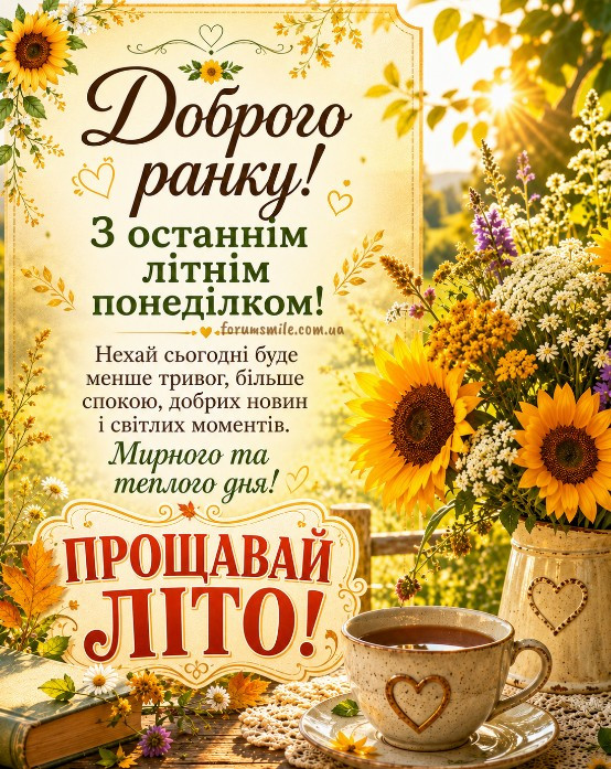 Ранкова листівка з соняшниками, чашкою кави та написом Доброго ранку та Прощавай літо